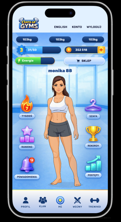 Ekran główny aplikacji mobilnej fitness w stylu gry kreskówki