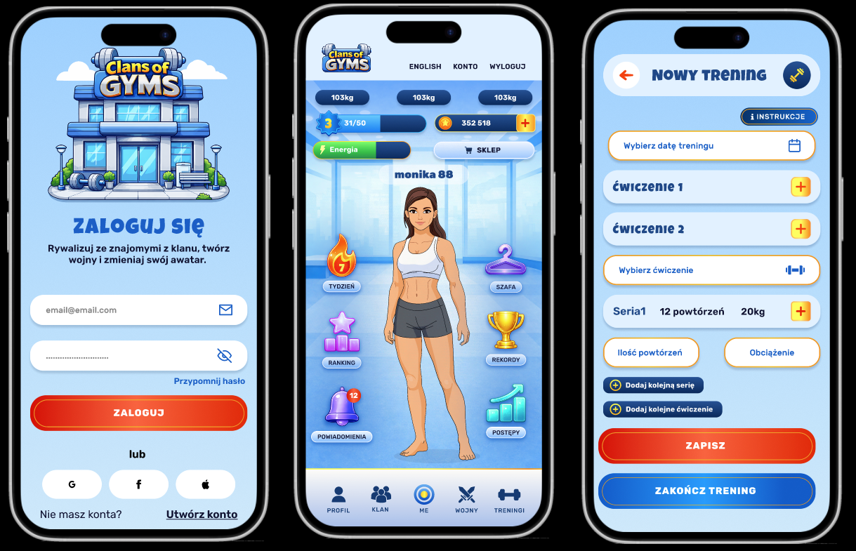 Aplikacja mobilna fitness w stylu gry kreskówki