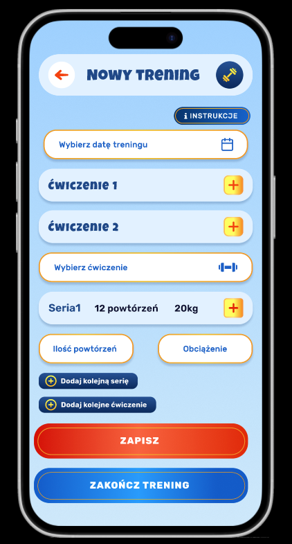 Ekran nowego treningu aplikacji mobilnej fitness