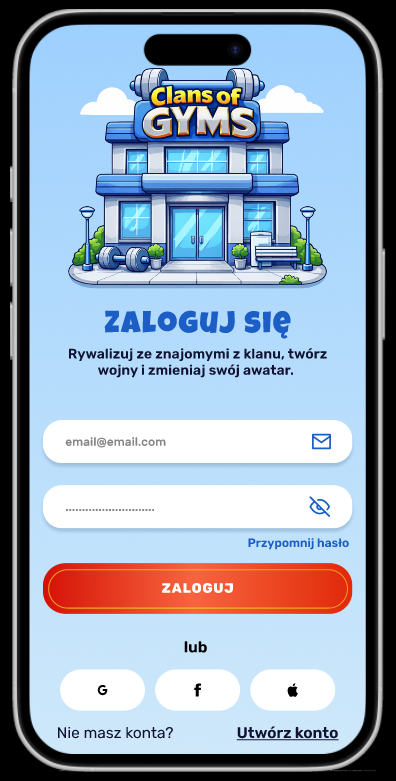 Ekran zalogowania aplikacji mobilnej fitness w stylu gry kreskówki