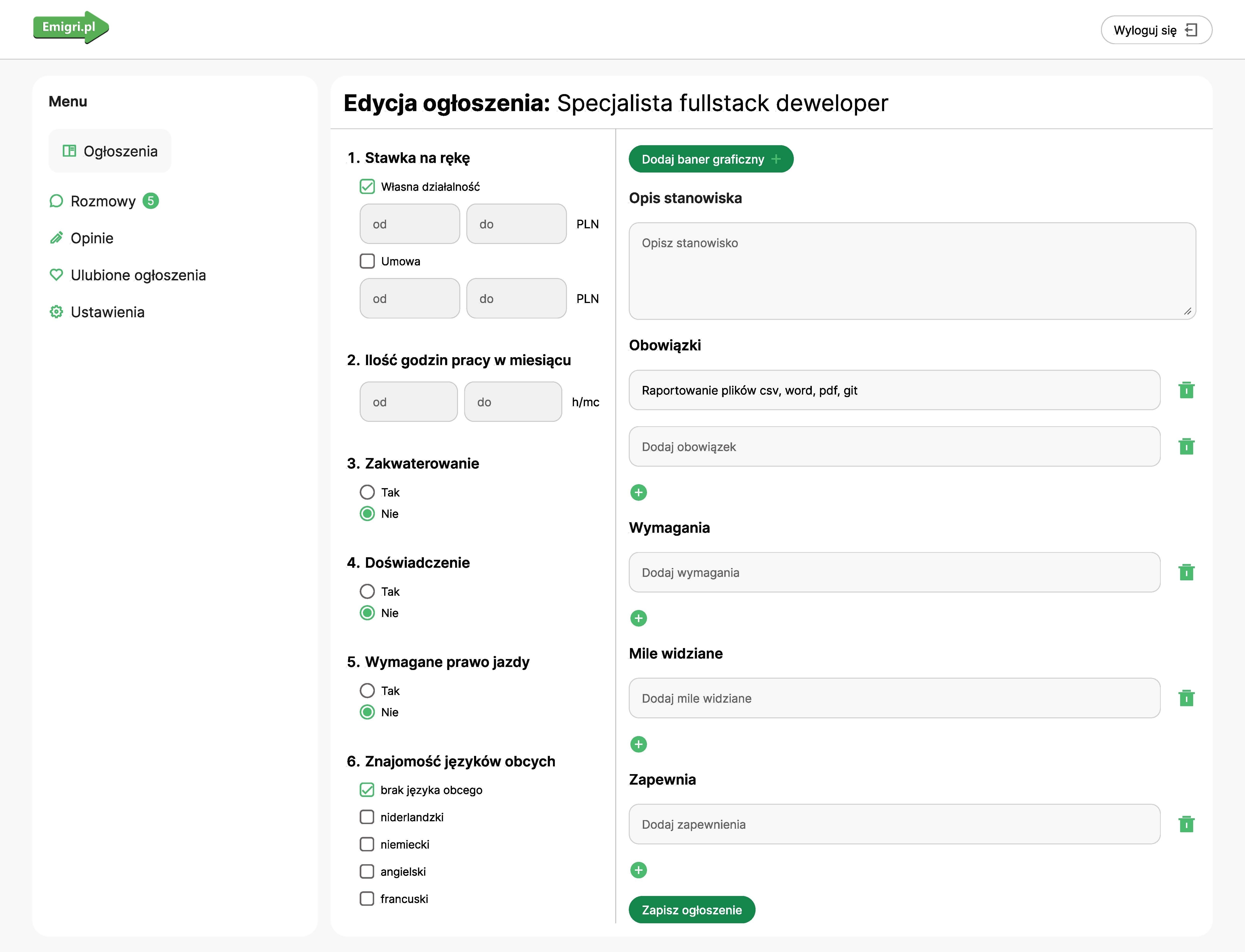 Portal pracy za granicą - edycja ogłoszenia w panelu administracyjnym