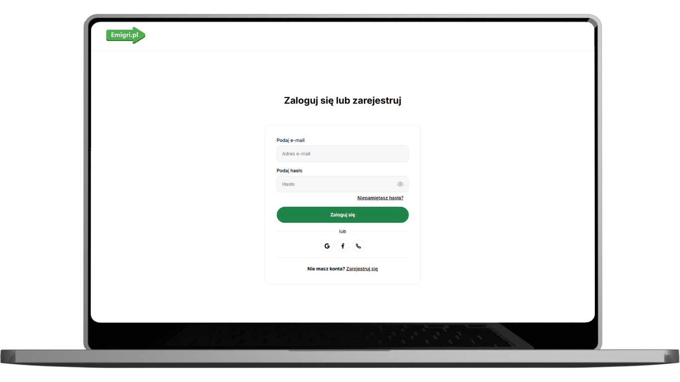Portal pracy za granicą - rejestracja i logowanie przez Google, Facebook, e-mail, kod SMS