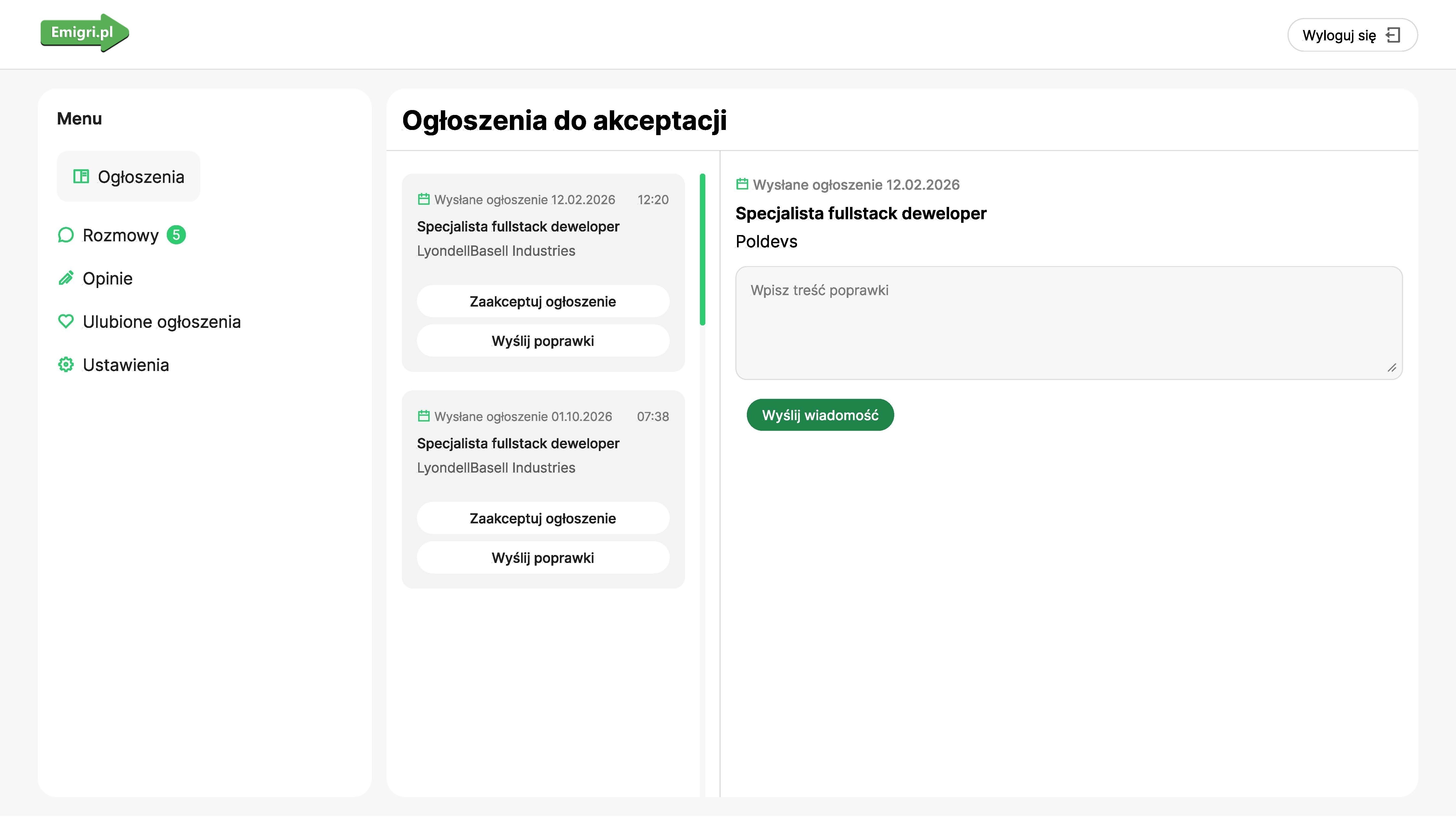Portal pracy za granicą - ogłoszenia do akceptacji w panelu administracyjnym