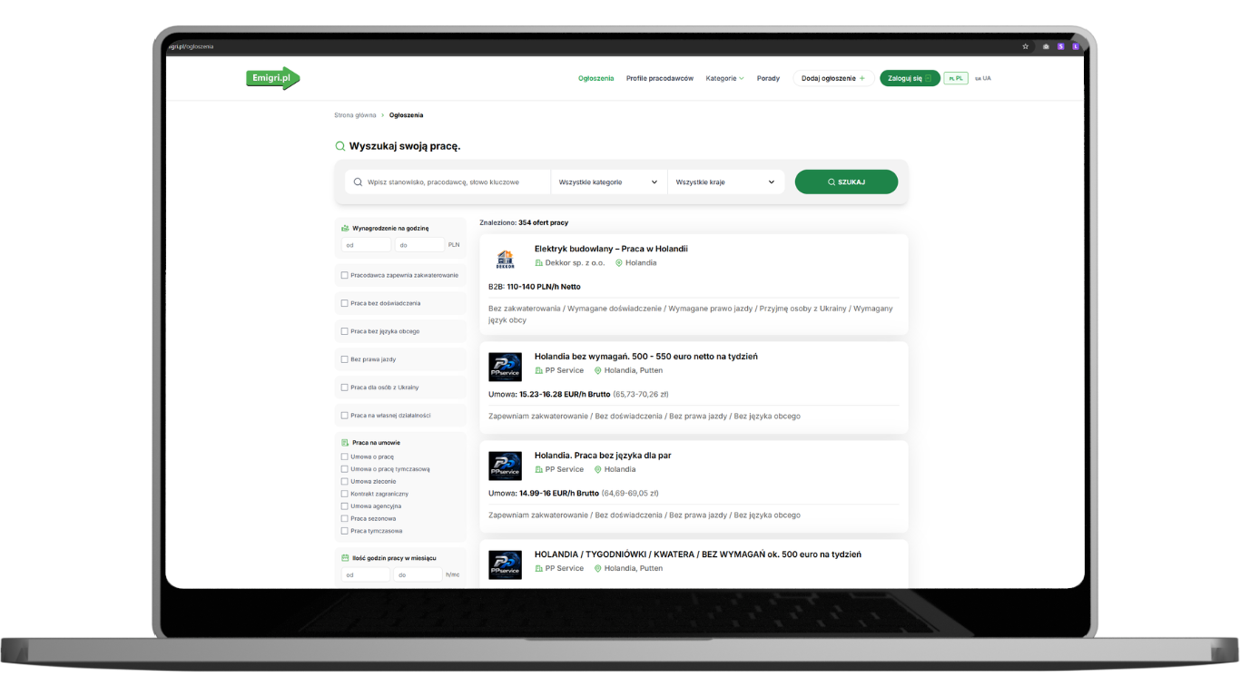Portal pracy za granicą - przeglądanie ogłoszeń z filtrami dopasowanymi do pracy za granicą