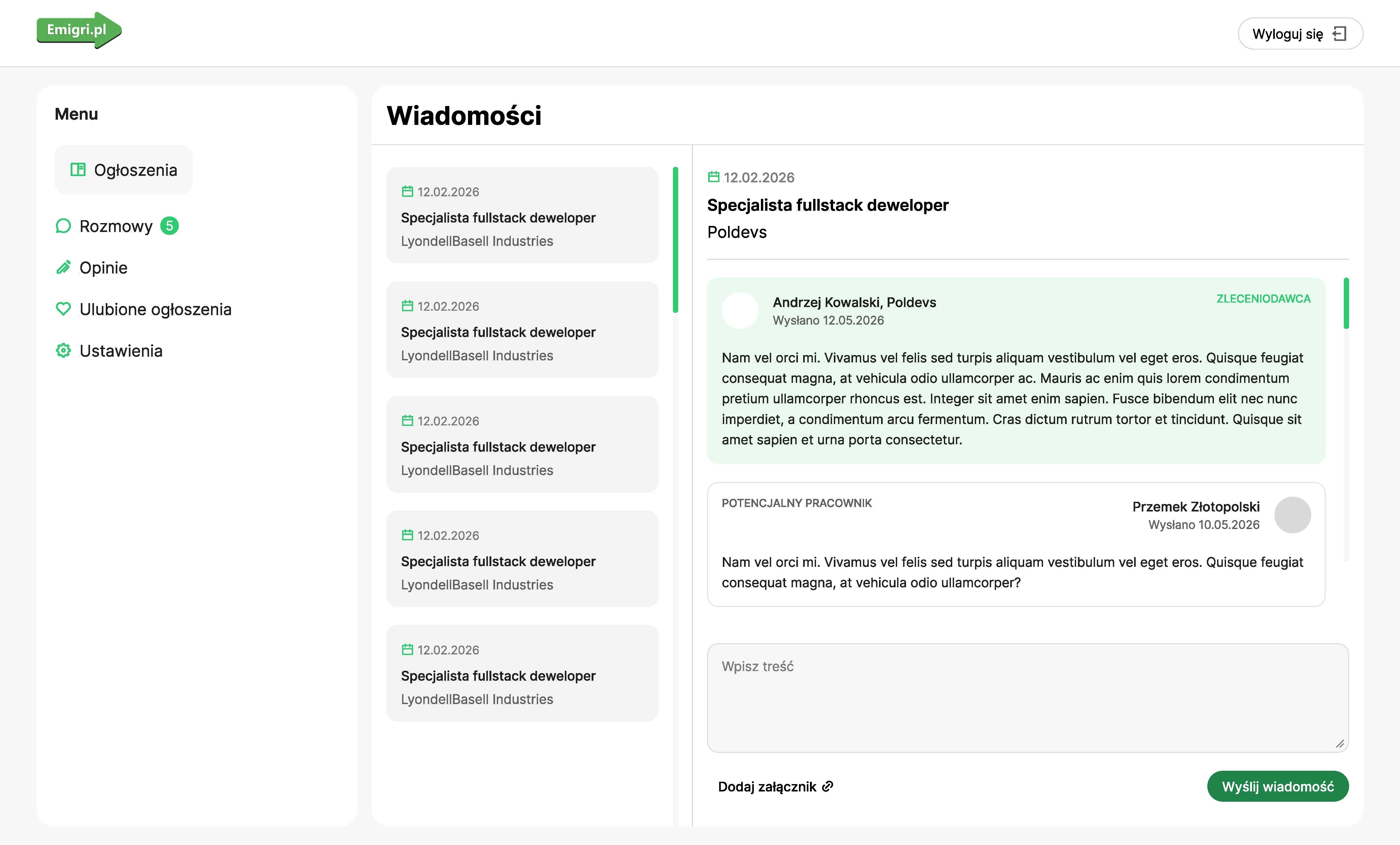 Portal pracy za granicą - wiadomości w czacie wewnątrz portalu